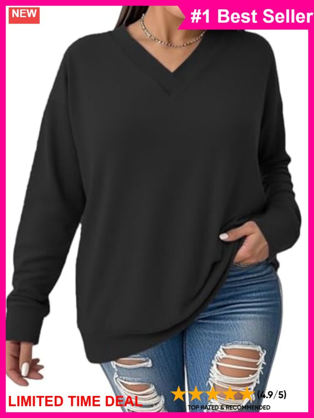 Plus Size V Neck Long Sleeve Sweatshirt Loose Fit Pullover Tunic